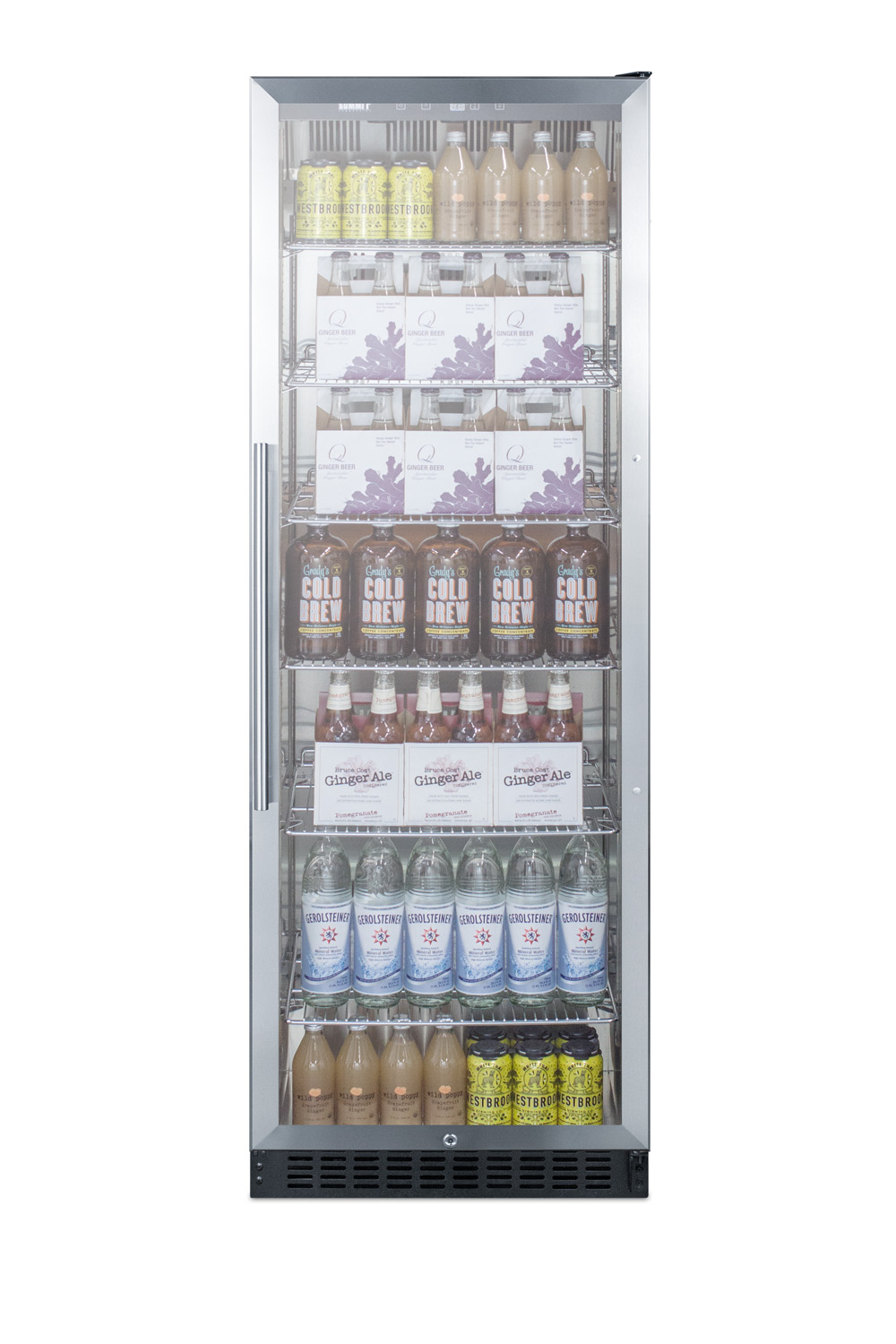 Full-size commercial beverage merchandiser designed for the display and refrigeration of beverages and sealed food, with stainless steel interior, self-closing glass door, and black cabinet
